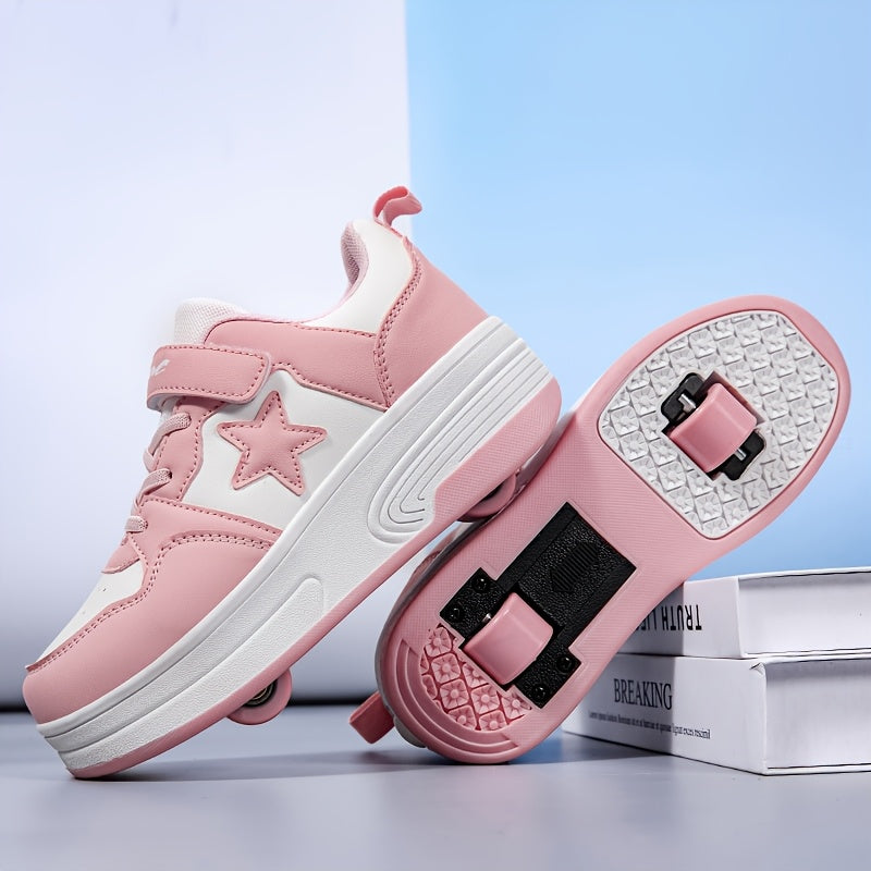 Kids Roller Skates with Buckle Closure and Dual-Wheel Design, Pink or Black Skate Shoes for Indoor and Outdoor Practice, Little and Big Kid Sizes