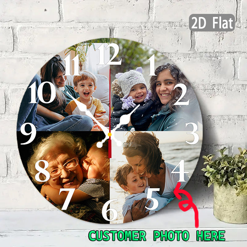 Quartz Photo Wall Clock for Nursery with Personalized Picture Panel, Silent Round 12-Inch Analog Timepiece with Artificial Wood Frame for Room Decor