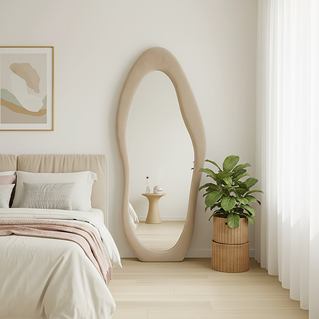Full Length Mirror with Irregular Velvet Frame and Rounded Corners, Decorative Floor Mirror for Kids Room or Nursery in Six Colors