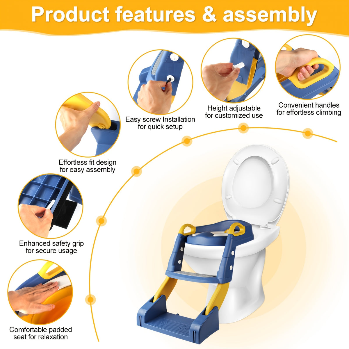Convertible Toddler Potty Seat with Double-Step Ladder, 2-in-1 Foldable Toilet Trainer with Removable PVC Cushion, Splash Guard and Side Handles