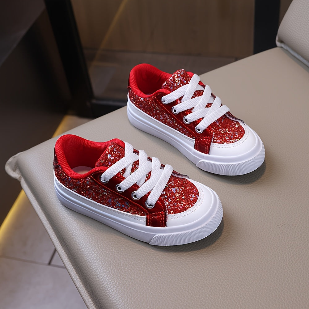 Kids Glitter Lace-Up Sneakers in Red, Low-Top Sequin Skate-Style Shoes with Soft Breathable Lining for School Outfits, Parties and Spring Fall Casual Wear