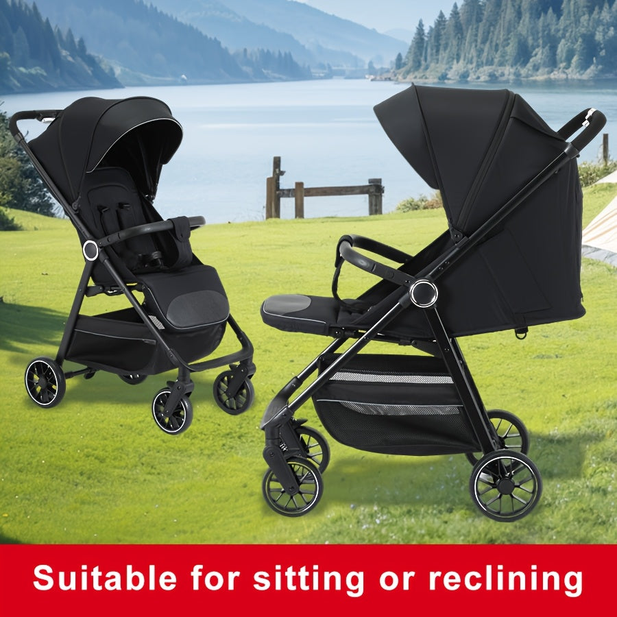 Compact Folding Baby Stroller with Reclining Seat, Canopy and Under-Seat Storage Basket, Black or Khaki Travel Pushchair for Family Outings