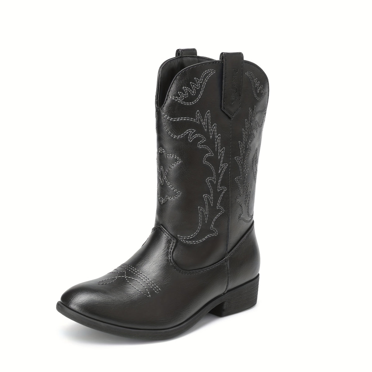 Embroidered Mid-Calf Western Riding Boots for Kids - Pull-On Cowboy Cowgirl Boots with Round Toe, Soft Lining & Flexible TPR Sole for Boys & Girls, Little Kid & Big Kid Sizes