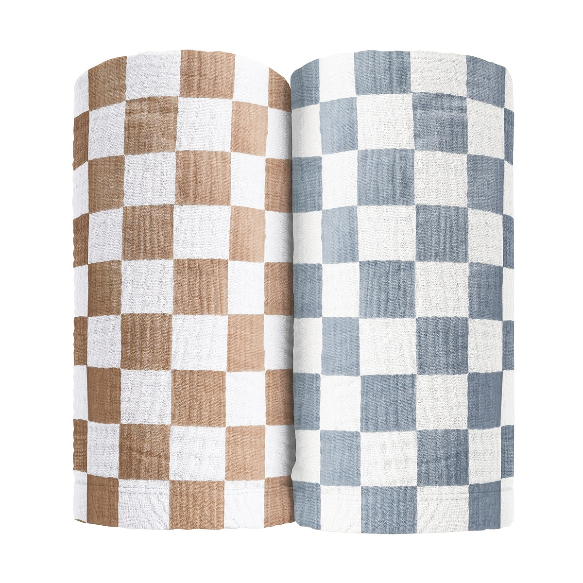 Checkered Muslin Baby Blankets, 2-Pack Ultra-Soft 40 x 40 Inch Blankets for Newborns and Toddlers, Blue & Coffee Nursery Gift Set