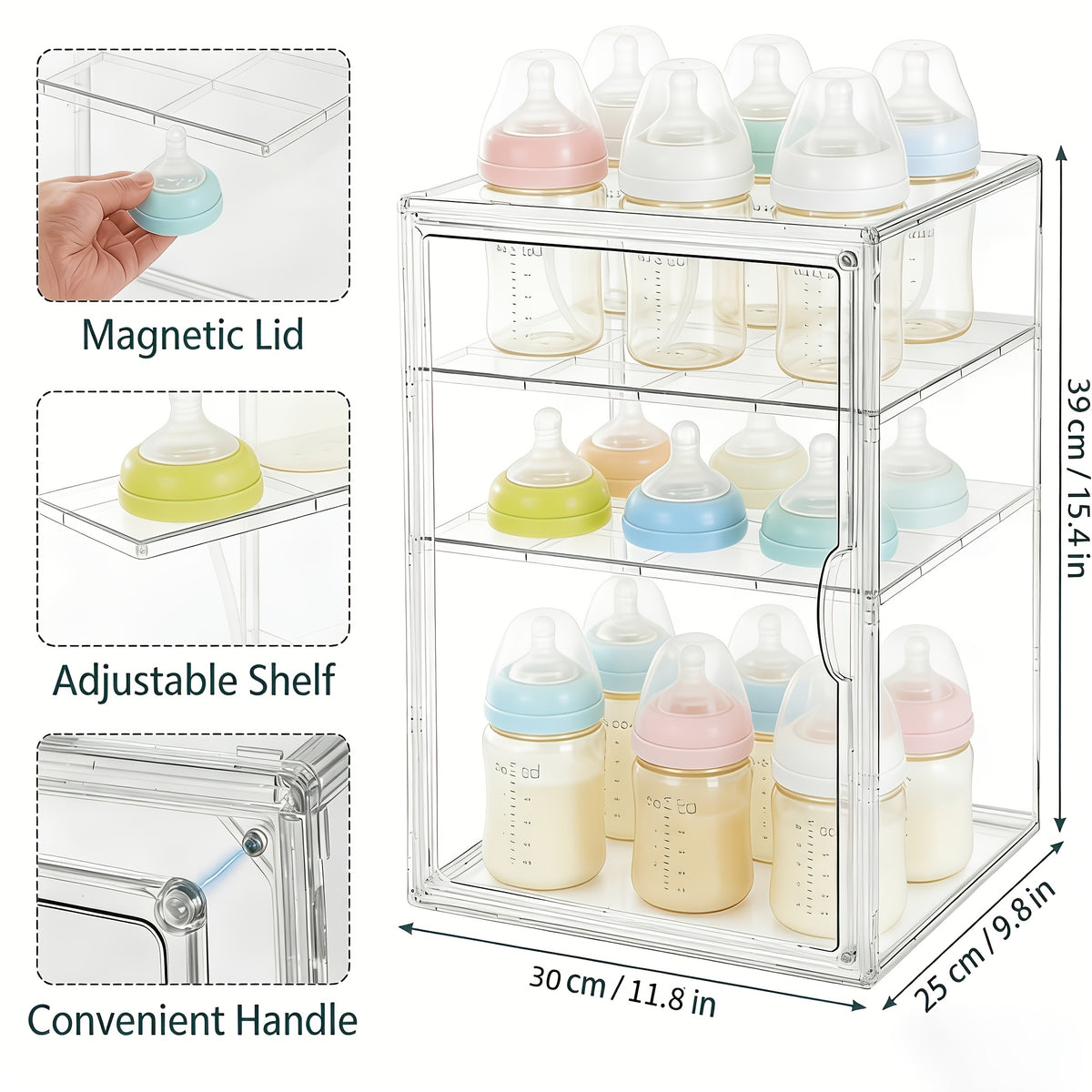 Clear Baby Bottle Storage Organizer with Covered Access and Divided Shelves, Small or Large Feeding Supply Storage Box for Countertop Organization