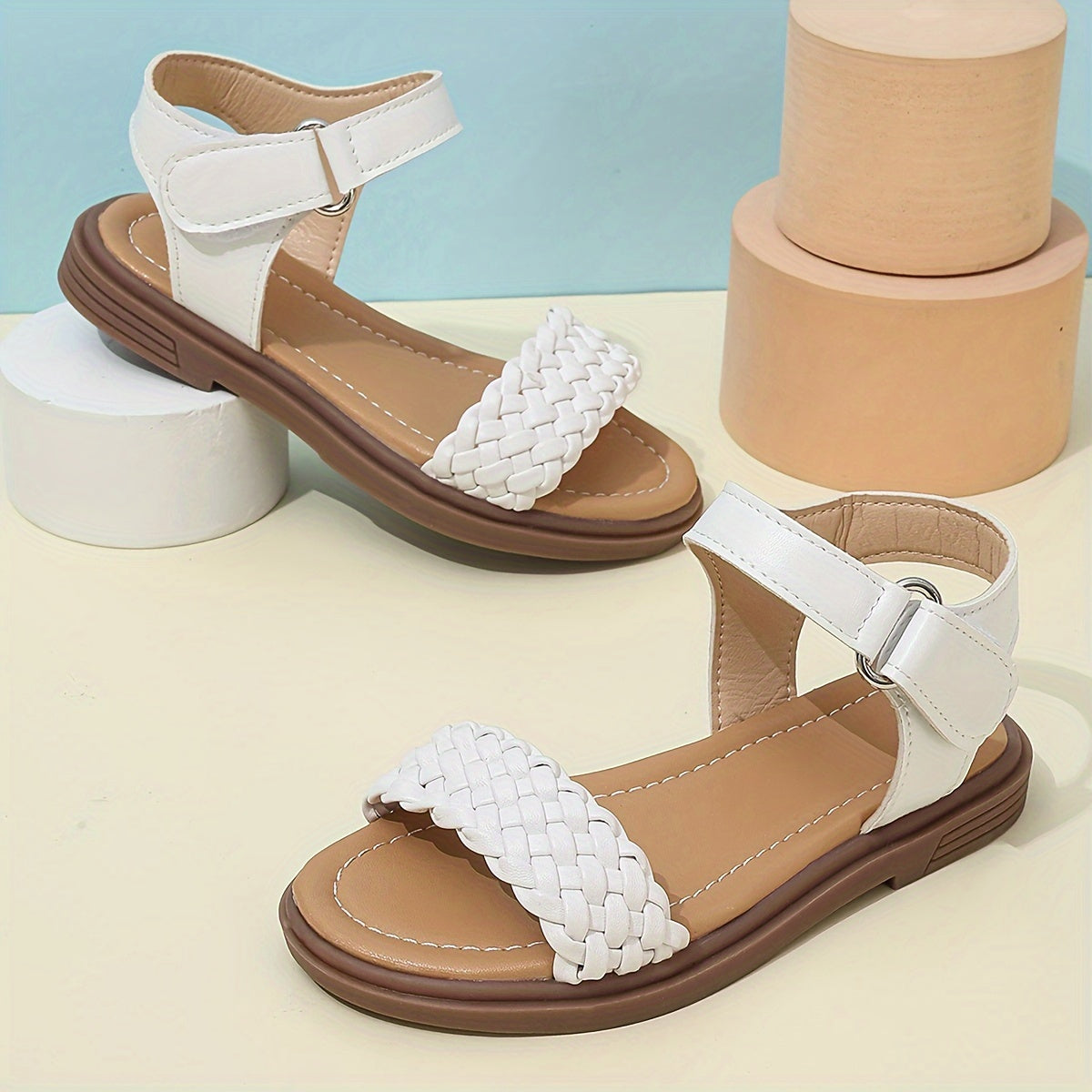 Kids White Woven Sandals with Striped Upper and Hook-and-Loop Closure, Flat TPR Sole and Lace-Up Detail for Spring and Summer Outings