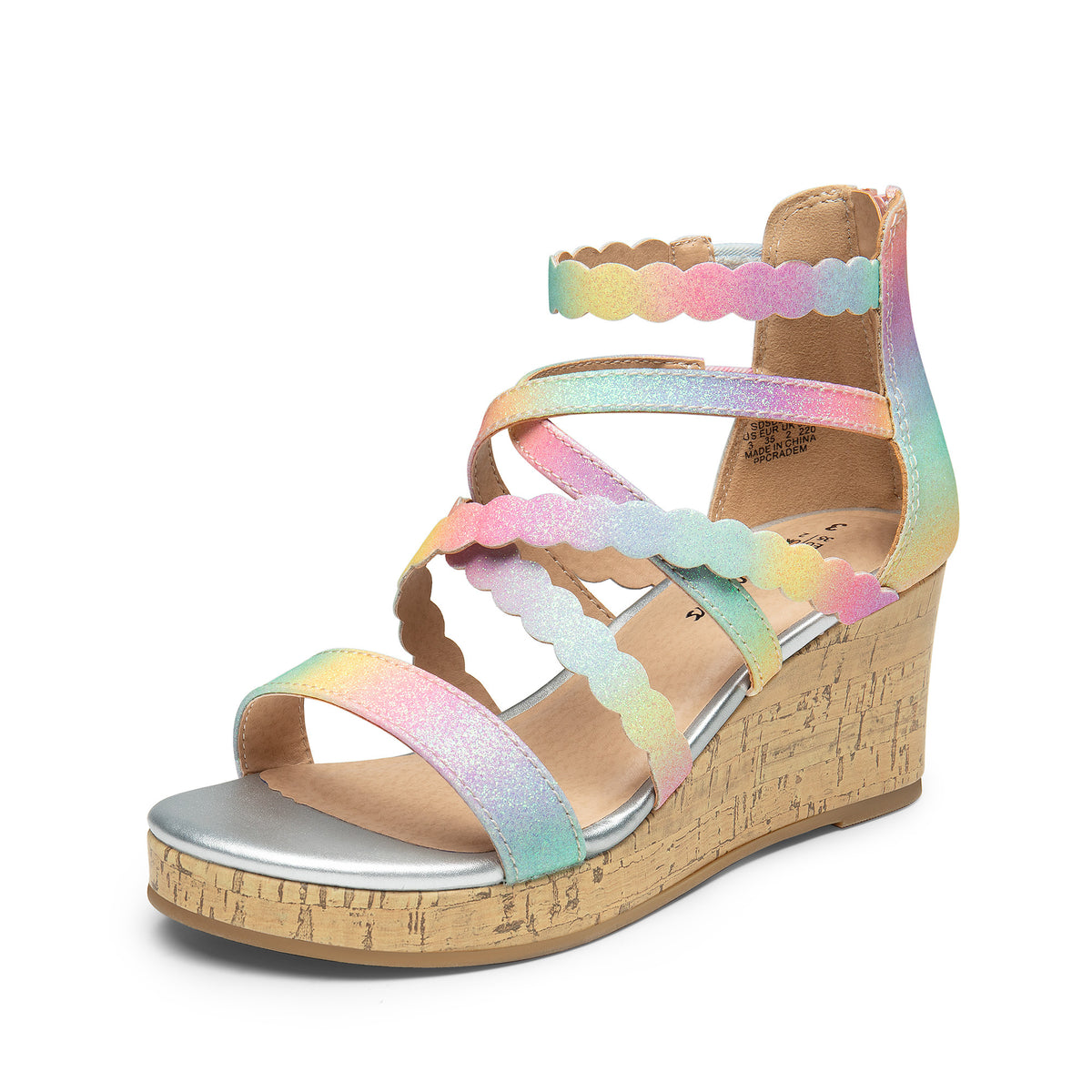 Girls Wedge Dress Sandals with Flower Detail and Shimmering Straps, Open Toe Zip-Back Party and Wedding Shoes for Little Kids and Big Kids
