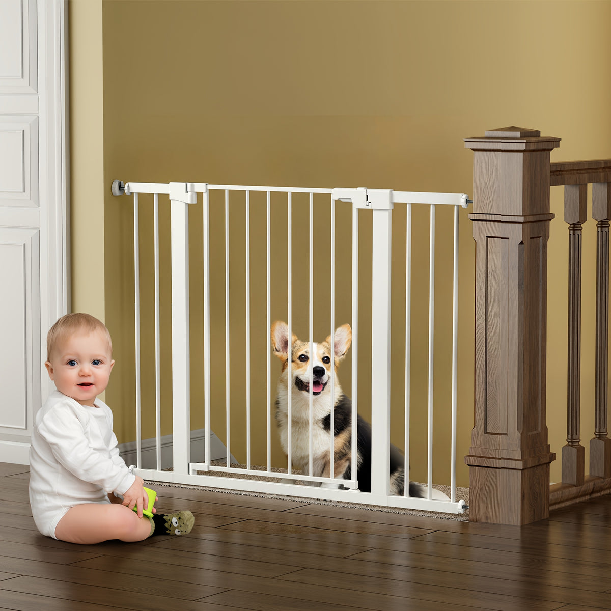 Adjustable Metal Gate 27-43 Inches Wide for Home Openings, Black or White Barrier for Doorway Planning and Family Spaces, Check Fit Before Installation