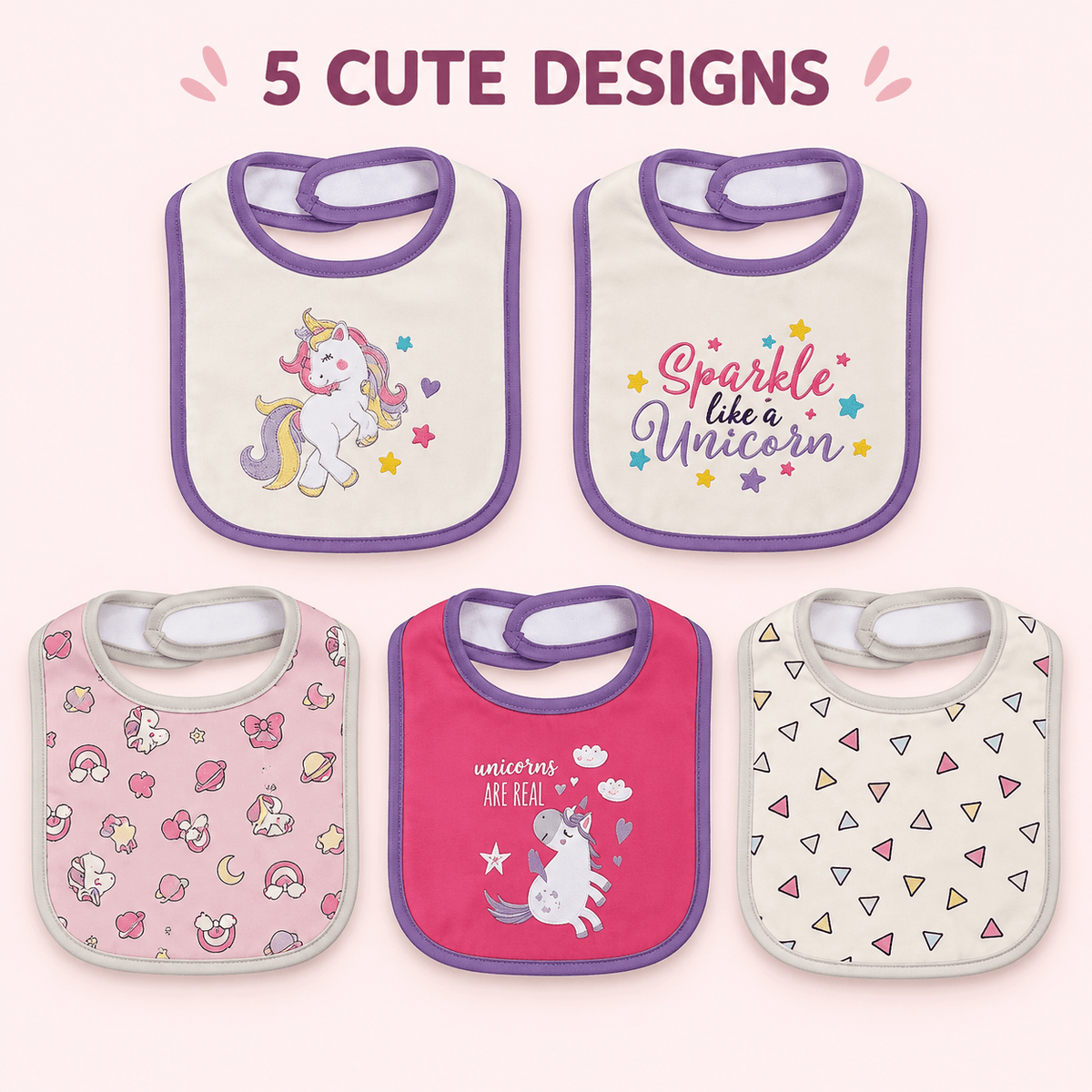 Double-Layer Cotton Baby Bibs 5-Pack with Cartoon Designs, Absorbent Adjustable Feeding Bib Set for Boys and Girls Ages 0ā3 Years