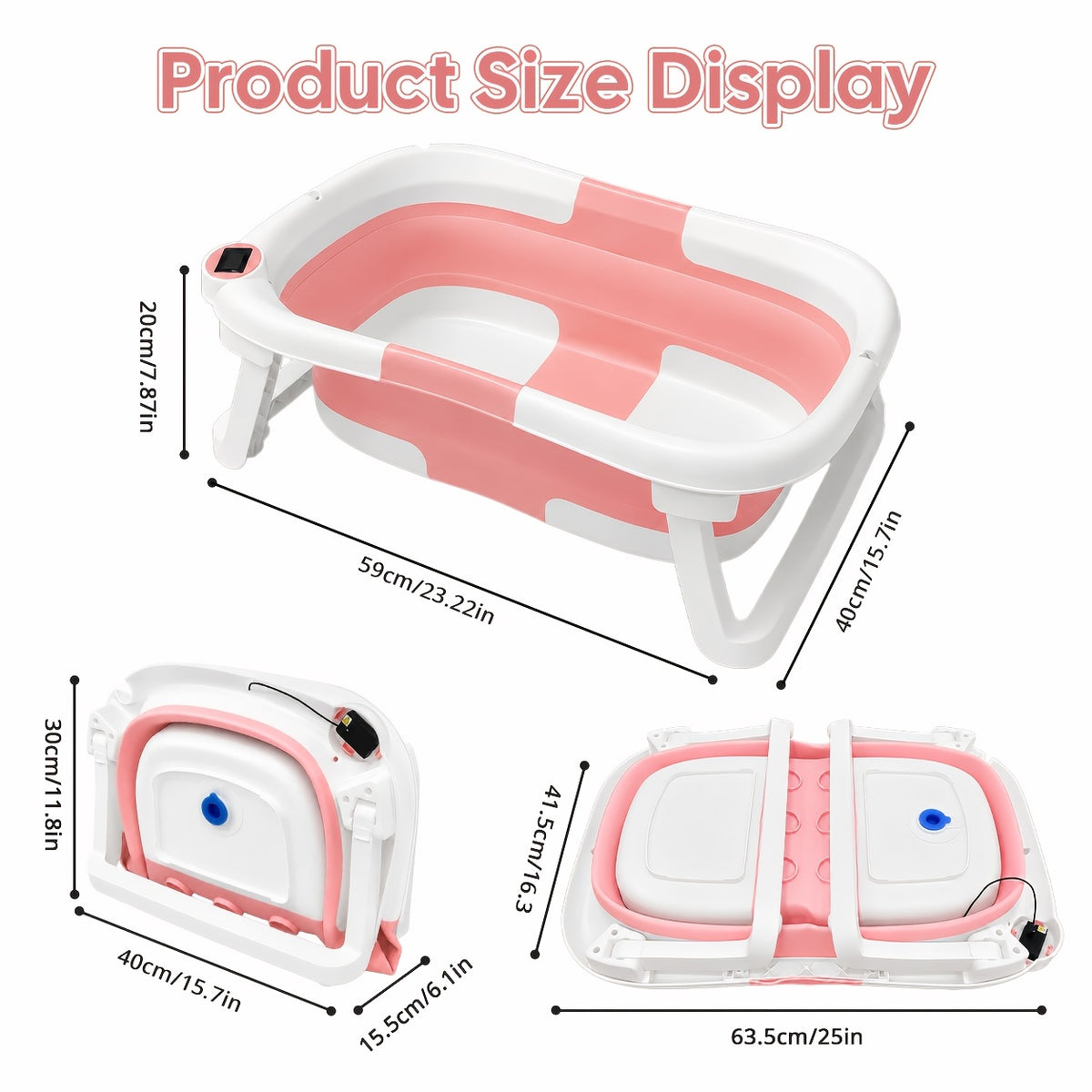 Baby Bathtub with Thermometer and Soft Cushion, Collapsible Infant-to-Toddler Bath Tub for 0 to 36 Months with Easy-Grip Handles in Five Colors