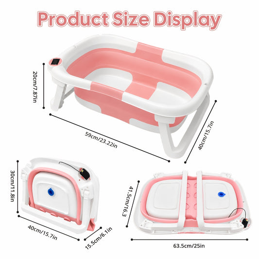 Baby Bathtub with Thermometer and Soft Cushion, Collapsible Infant-to-Toddler Bath Tub for 0 to 36 Months with Easy-Grip Handles in Five Colors