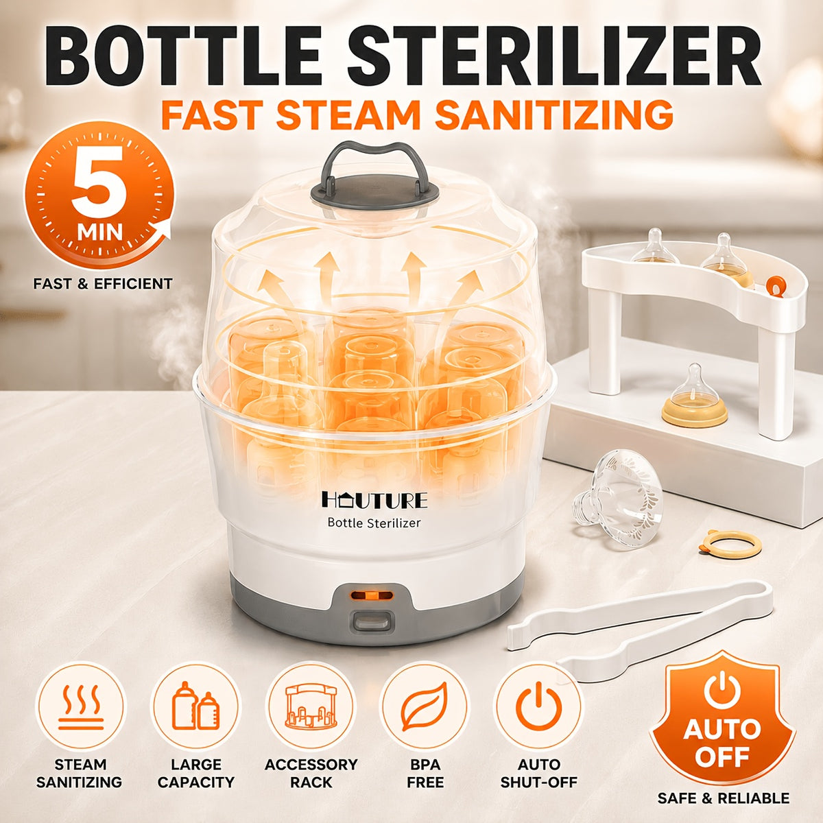 One-Button Baby Bottle Steam Sterilizer, BPA-Free White Countertop Sanitizer with Accessory Rack and Auto Shut-Off for Compatible Feeding Parts
