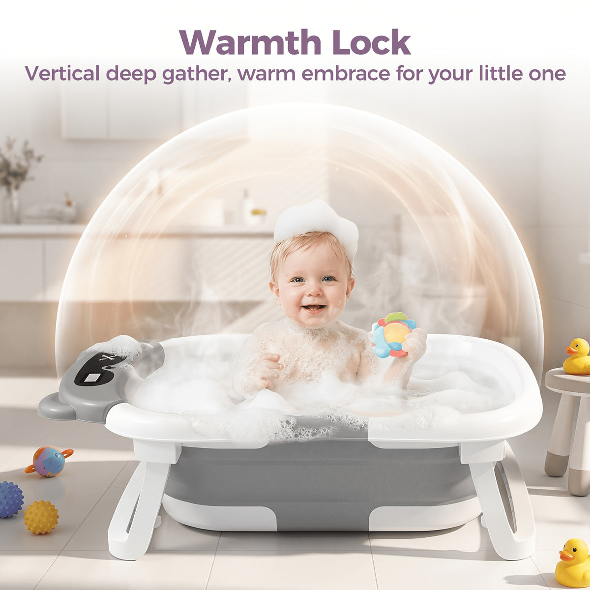 Folding Infant Bath Tub with Soft Cushion and Thermometer, Non-Slip Collapsible Baby Bathtub for Supervised Newborn-to-Toddler Bathing at Home or Travel
