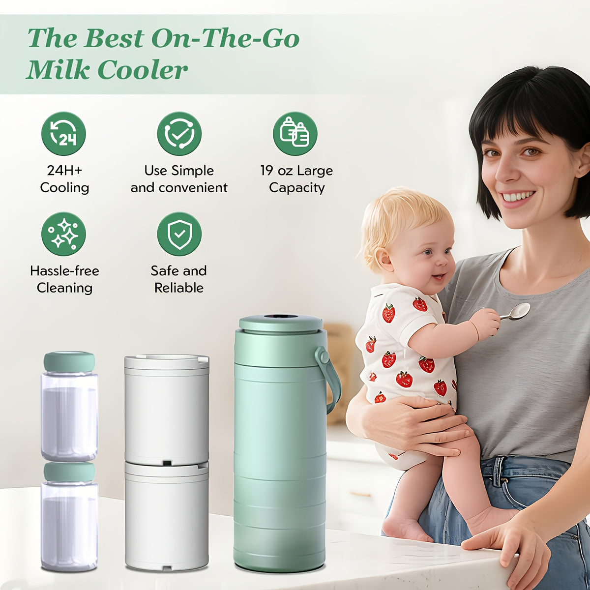 Breast Milk Cooler with 2 Storage Bottles, Portable 360° Surround Cooling Chiller with Carry Handle for Pumping Moms, Work and Travel