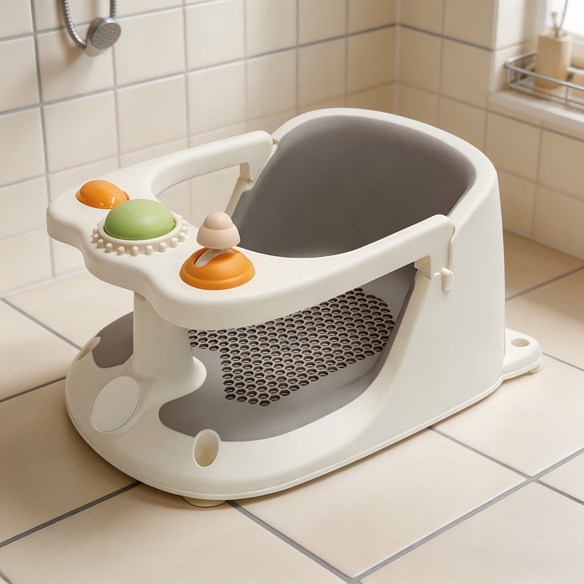 Cushioned Infant Bathtub Seat with 4 Suction Cups for Babies 6 Months & Up, Compact Non-Slip Bath Chair with Optional Thermometer for Supervised Bathtime