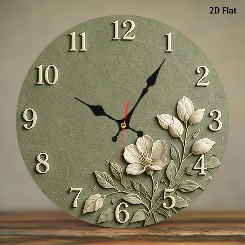 Sage Green Floral Nursery Wall Clock, Silent Non-Ticking 12-Inch Round Battery-Powered Baby Room Decor for Bedroom, Playroom or Classroom