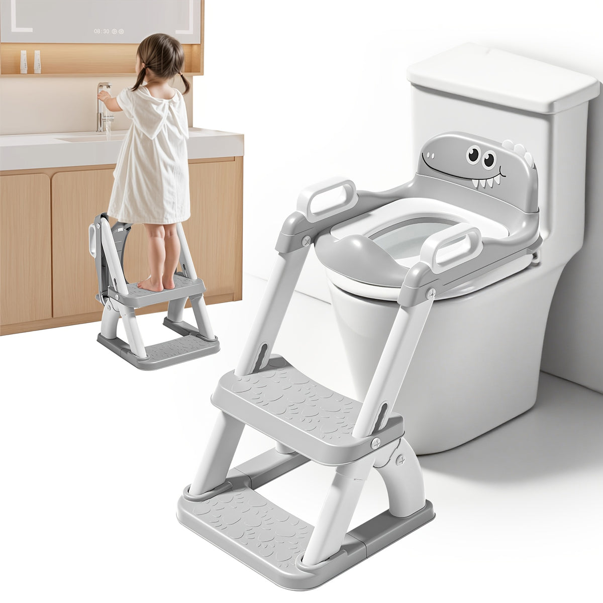 Dinosaur Potty Training Seat with Step Stool, 2-in-1 Toddler Toilet Seat with Detachable Triangular Base, Splash Guard and Non-Slip Mat, Color Options