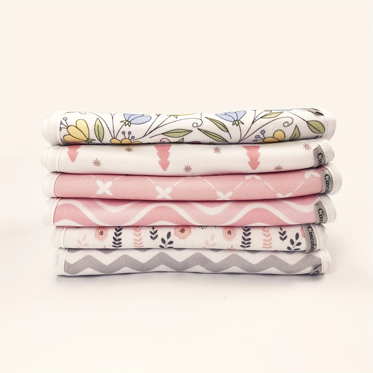 Newborn Burp Cloths 6-Pack, Soft Breathable Contoured Spit-Up Cloth Set with Cartoon Prints for Baby Boys and Girls and Everyday Feeding