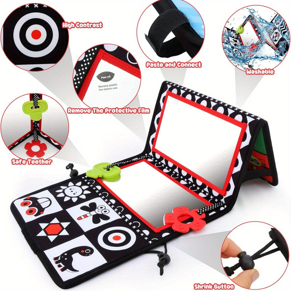 Tummy Time Baby Mirror with Teethers, Double-Sided High-Contrast Animal and Geometric Activity Toy for Supervised Sensory Floor Play