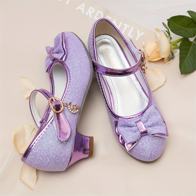 Girls Low Heel Mary Jane Shoes with Bow and Flower Details, Round-Toe Cushioned Dress Shoes in Blue or Purple for Toddler to Big Kid Parties and Weddings