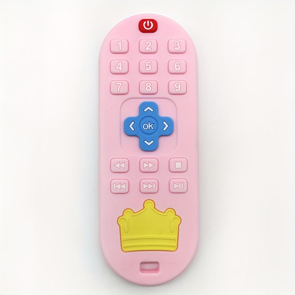 Remote Control Baby Teether in Silicone with Crown Design and Raised Button Textures, Black, Blue or Pink Teething Gift for Babies