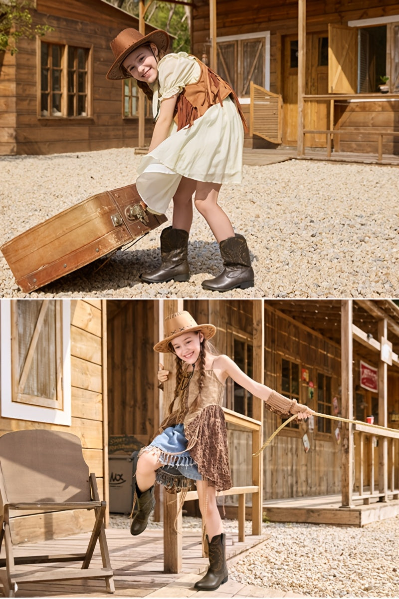 Embroidered Mid-Calf Western Riding Boots for Kids - Pull-On Cowboy Cowgirl Boots with Round Toe, Soft Lining & Flexible TPR Sole for Boys & Girls, Little Kid & Big Kid Sizes
