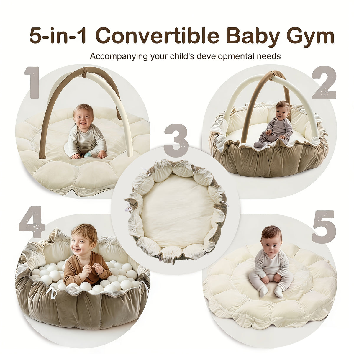 Plush Baby Play Gym Mat 5-in-1 Convertible Floor Cushion for Supervised Tummy Time and Toddler Play, Soft Padded Design in Gray, Pink, White or Brown
