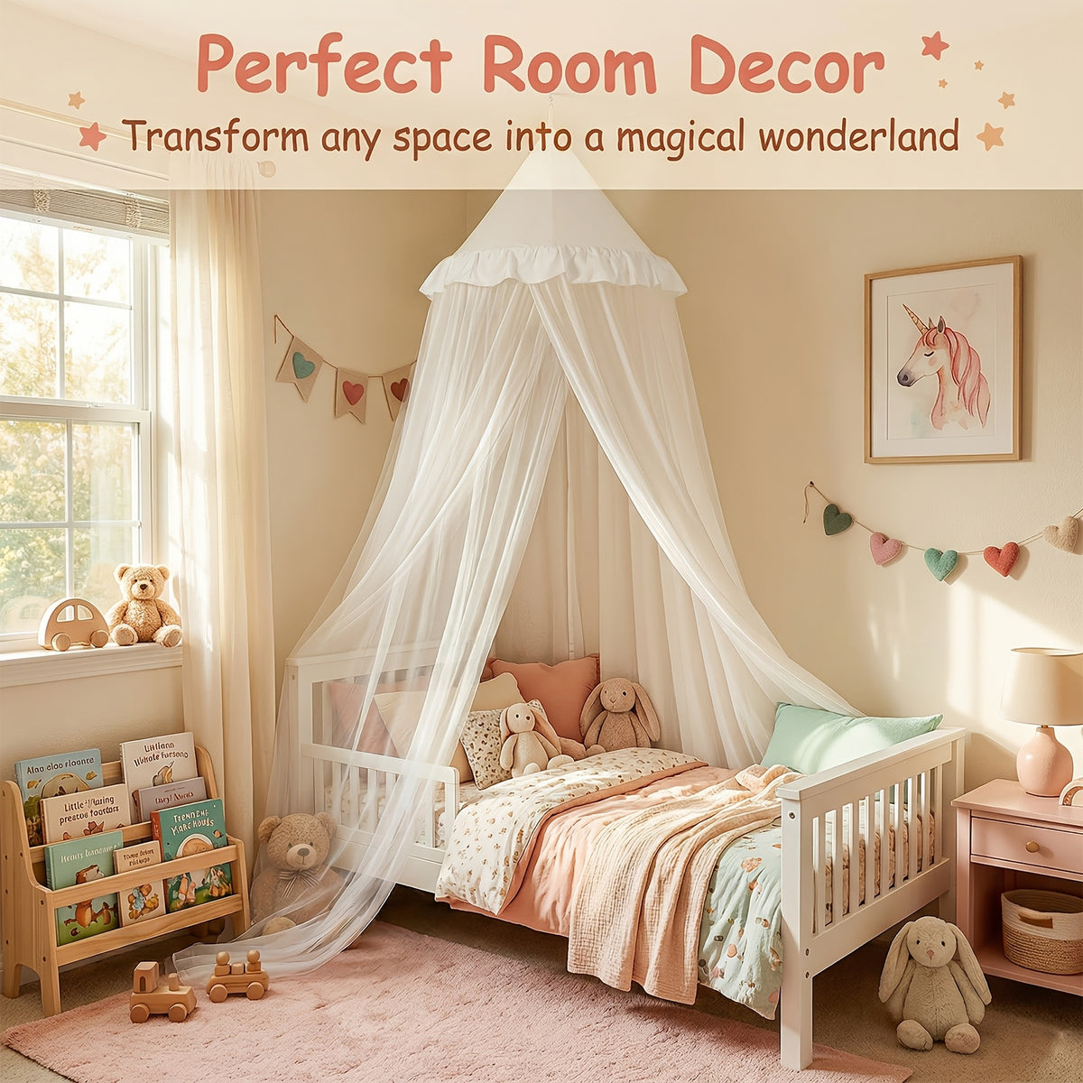 Princess Bed Canopy Tent with Star Night Light, Hammock Style Kids Bed Curtain Dome Mosquito Net, Double Layer Dustproof Breathable Reading Nook Drape for Toddler and Adult Beds, Machine Washable, White Pink Purple