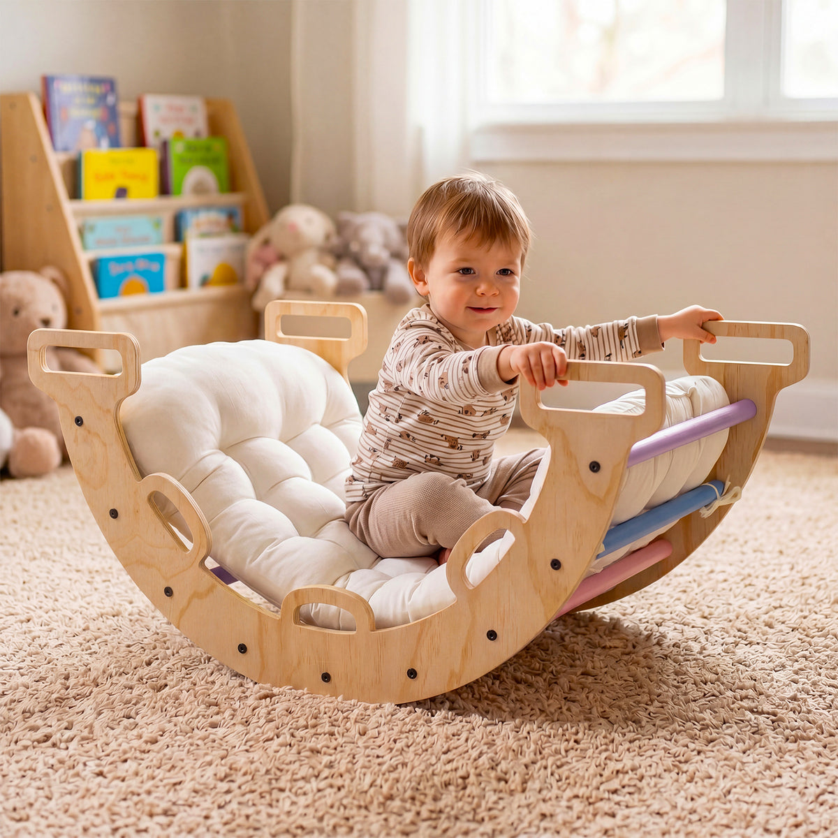 Toddler Climbing Arch and Rocker with Cushion, 3-in-1 Wooden Indoor Play Gym and Crawling Tunnel for Ages 1+, 81 cm Arch with Natural, Macaron or Multicolor Options