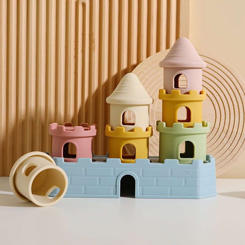 Silicone Castle Stacking Toy with Pastel Building Pieces, Soft Stacking and Nesting Set for Color and Shape Exploration and Supervised Play