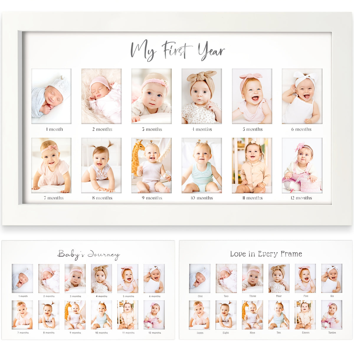 Baby First Year Photo Frame for 12 Monthly Milestones, White Nursery Picture Display and Newborn Keepsake for Baby Shower or First Birthday