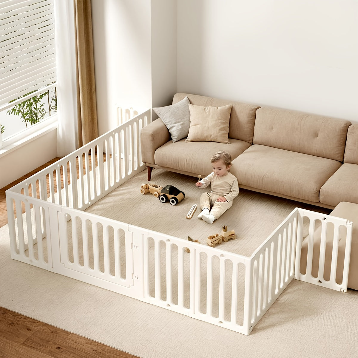 Modular Baby Playpen Fence with Gate, 2-in-1 Adjustable-Shape White Panel Play Yard for Supervised Indoor or Outdoor Kids Activities