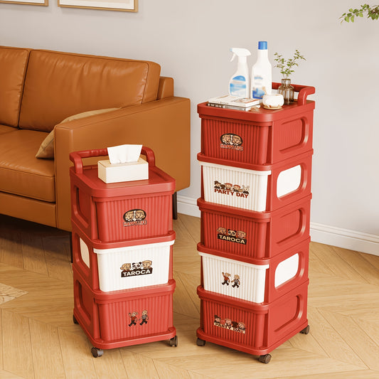 Plastic Storage Cabinet with Drawers and Wheels, Stackable 2- to 5-Tier Red and White Organizer for Bedroom, Bathroom or Living Room