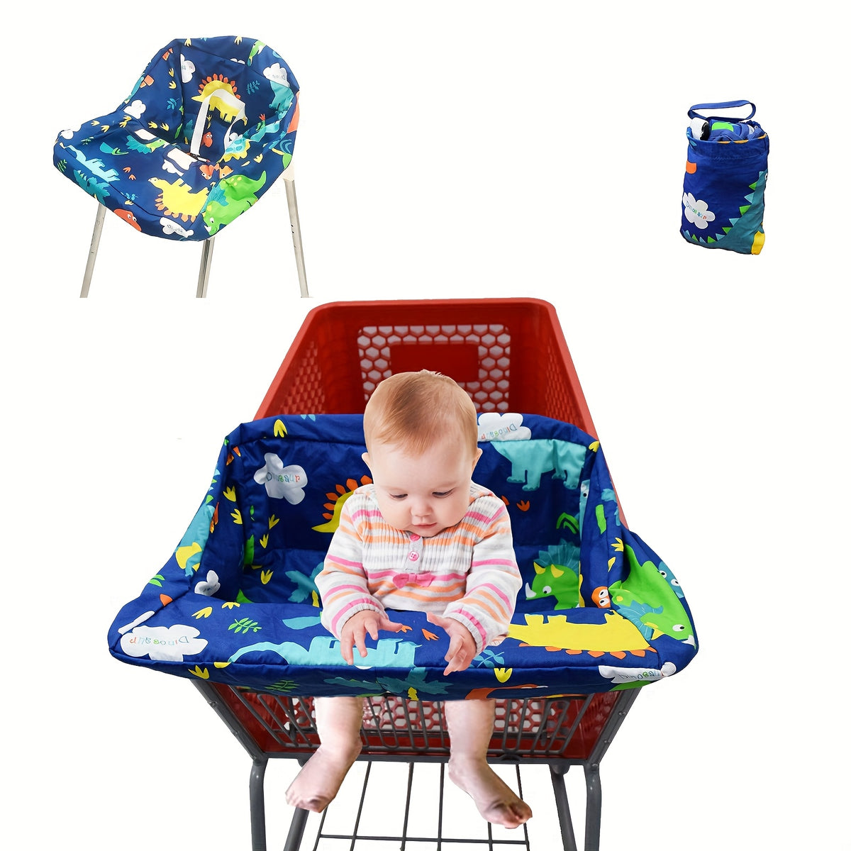 Baby Shopping Cart Seat Cover and High Chair Cushion, Portable Machine-Washable Padded Seat with Safety Straps and Attached Storage Bag