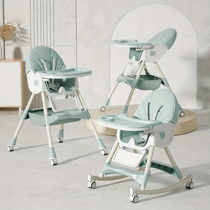 Convertible Baby Feeding Chair with Tray, Adjustable Folding High Chair with Padded Seat and Rocking Configuration for Home Mealtimes