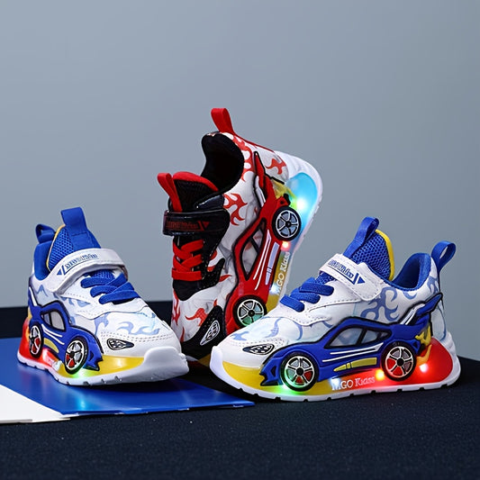 Boys Light-Up Car Sneakers with Round Toe, Red or Blue LED Flashing Kids Sports Shoes for Toddler and Little Kid Everyday Play and Casual Outfits