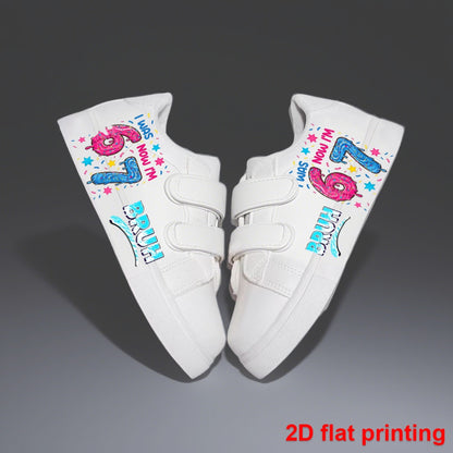 Kids Birthday Sneakers with I Was 6 Now I'm 7 Print, White Low-Top Triple-Strap Cartoon Shoes for Boys and Girls, Party Outfits and Everyday Casual Wear
