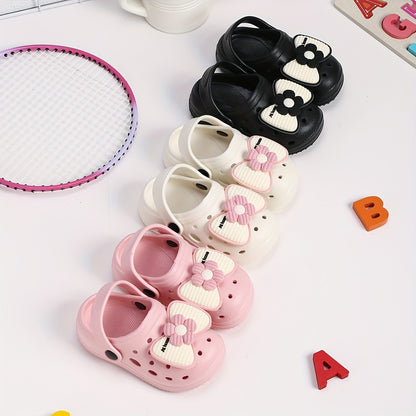 Kids EVA Bow Clogs for Girls, Thick-Sole Anti-Slip Slip-On Shoes in Black or Beige for At-Home Wear and Everyday Casual Outfits
