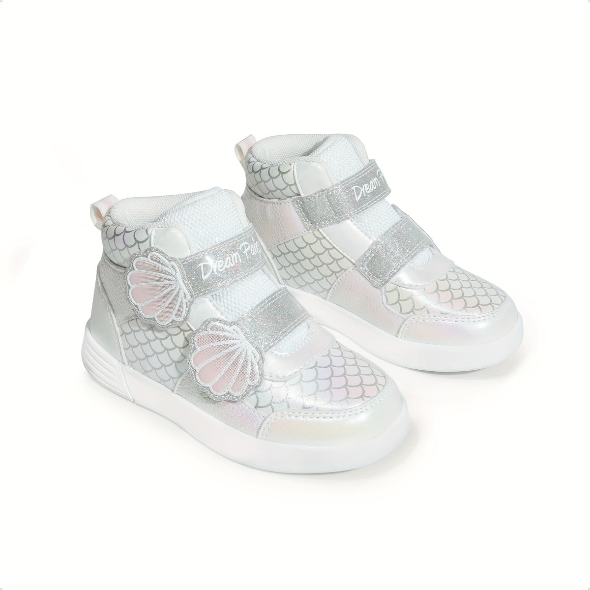 Girls Shell-Pattern High-Top Sneakers with Shiny Detail, Casual Walking Shoes for Toddlers and Little Kids in Pink, Lavender or White