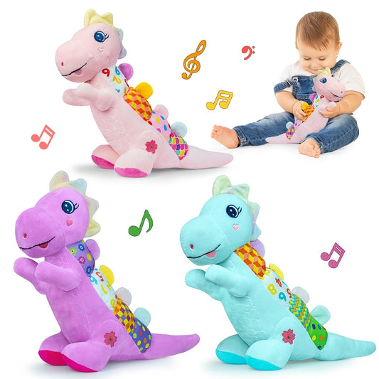 Dinosaur Sensory Toy for Baby, Musical Plush Rattle with Crinkle Paper, Squeaker and Textured Details in Pink, Blue or Purple for Playtime
