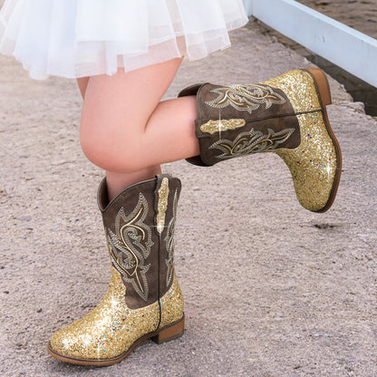 Kids Glitter Cowgirl Boots, Sparkly Western Mid-Calf Pull-On Shoes with Embroidered PU Upper, Round Toe and Easy-Grip Tabs for Girls’ Dance, Dress-Up, Parties & Everyday Play