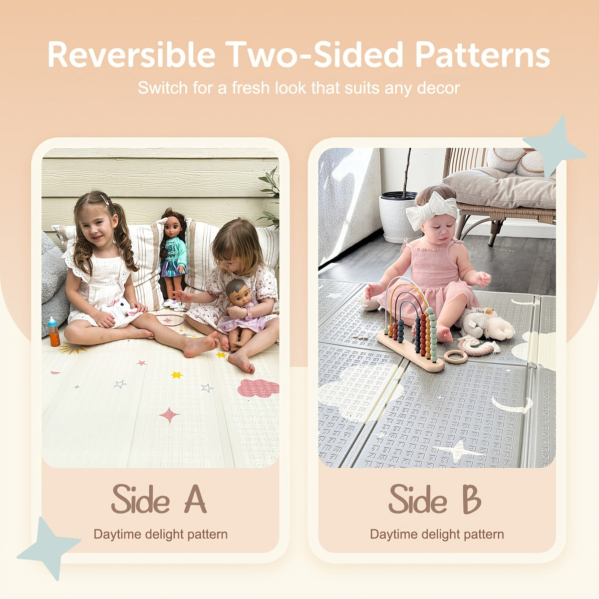 Reversible ABC Baby Play Mat with Rainbow Print, Foldable Waterproof Padded Foam Floor Mat in Three Sizes for Supervised Tummy Time and Toddler Play