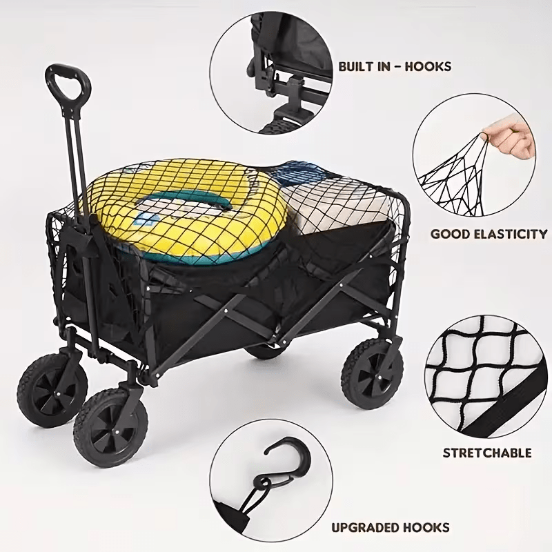 Wagon Cargo Net with 4 Hooks, Black Elastic Mesh Storage Cover for Outdoor Camping Carts, Garden Wagons and Family Outing Gear
