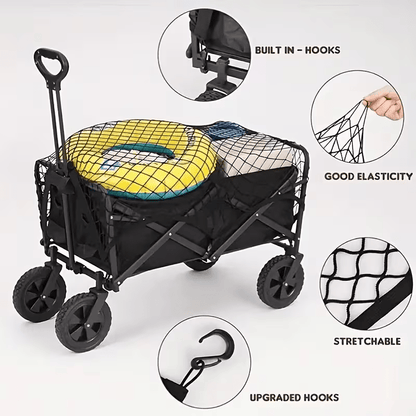 Wagon Cargo Net with 4 Hooks, Black Elastic Mesh Storage Cover for Outdoor Camping Carts, Garden Wagons and Family Outing Gear