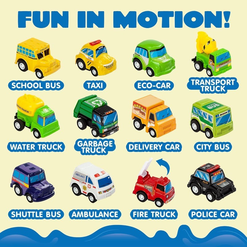 Pull-Back Car City Play Rug Set, 12 Friction-Powered Vehicles with a 58.5 × 31.5-Inch Road Map Carpet for Pretend Play, Ages 3+