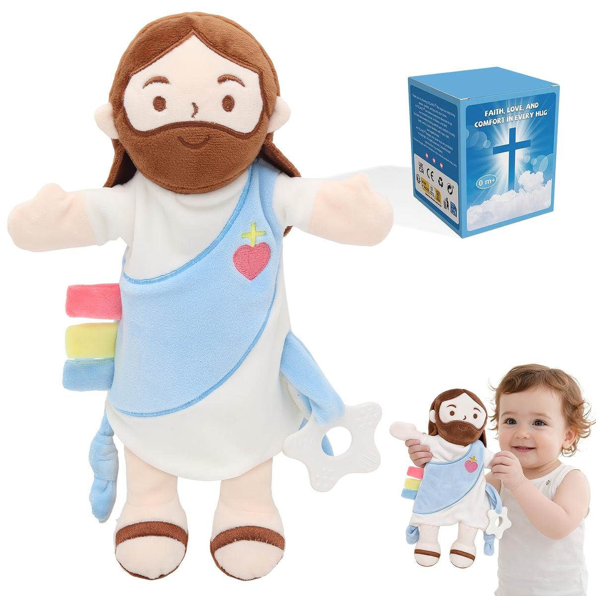 Baby Lovey with Teether, Jesus-Themed Soft Minky Velour Security Blanket with Crinkle Tags & Bell – Soothing Comfort Toy for Baby Shower, Baptism & Birthday Gifts, Girl & Boy Friendly
