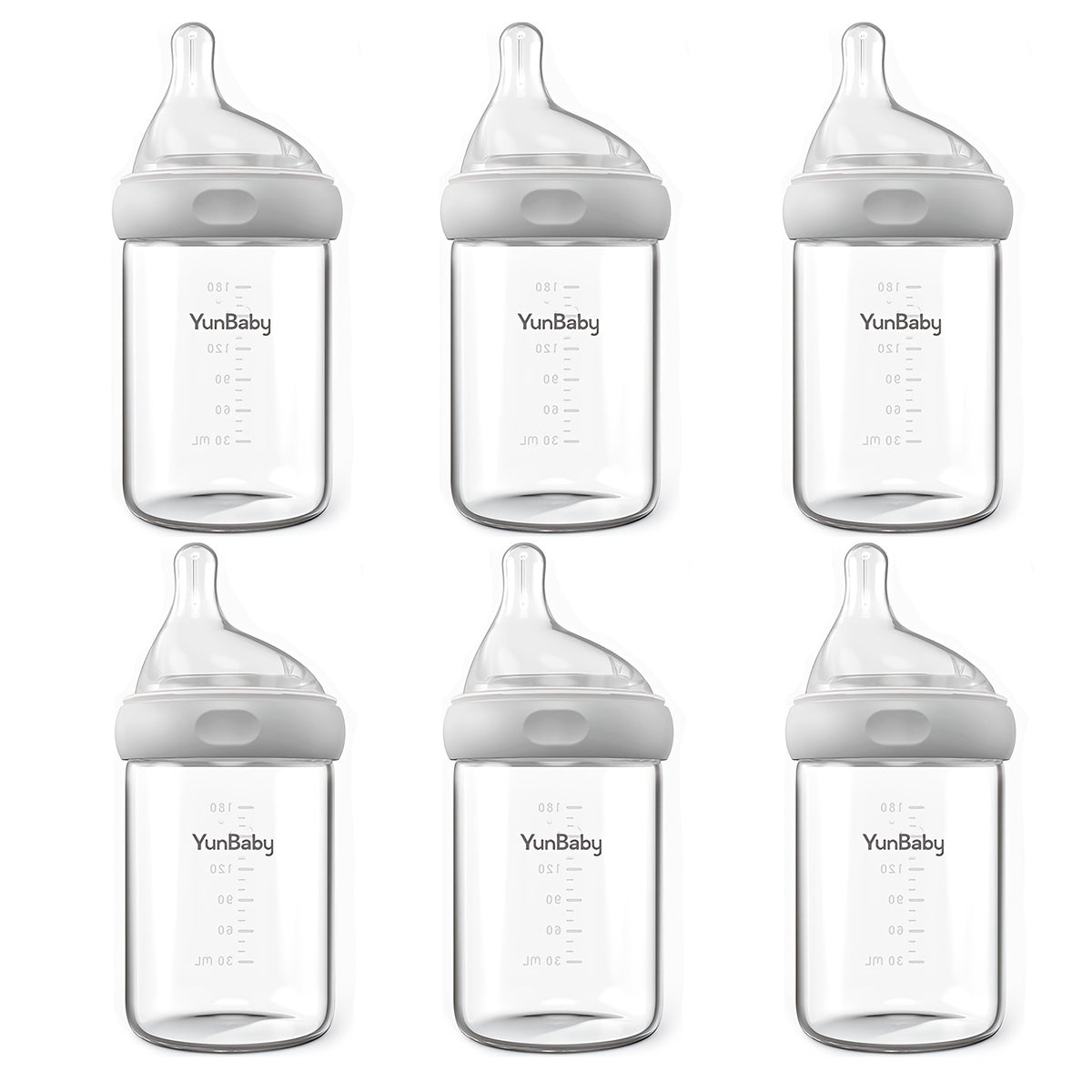 Slow Flow Glass Baby Bottles by YunBaby, 180 mL White Feeding Bottles with Listed Natural Rubber Nipples, Newborn 0+ Label and 1–6 Pack Options