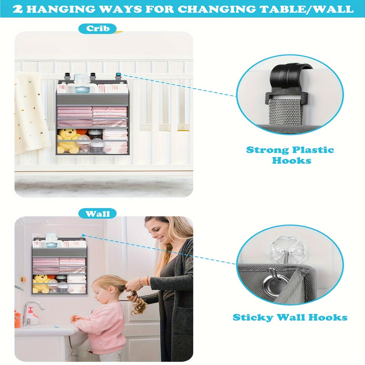 Gray Hanging Diaper Storage Caddy with Multiple Pockets, Nursery Organizer for Changing Supplies and Baby Essentials Beside a Changing Table