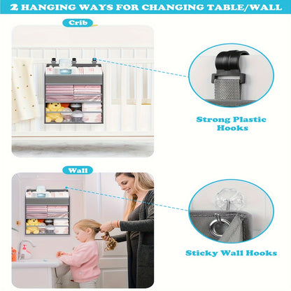 Gray Hanging Diaper Storage Caddy with Multiple Pockets, Nursery Organizer for Changing Supplies and Baby Essentials Beside a Changing Table