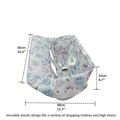 Padded Baby High Chair and Shopping Cart Seat Cover, Machine-Washable Portable Cushion with Attached Storage Bag in Grey Flower or Blue Owl